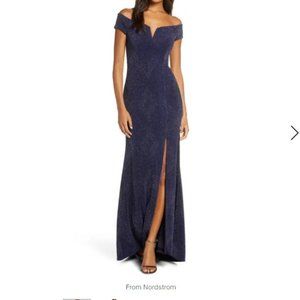 Vince Camuto Off The Shoulder Metallic Gown In Navy